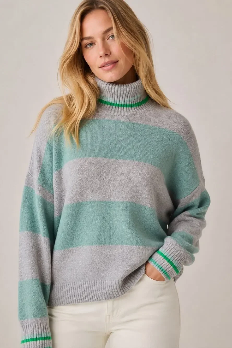 J. Crew Striped Turtleneck Sweater Gray & Mint Green Wool Alpaca